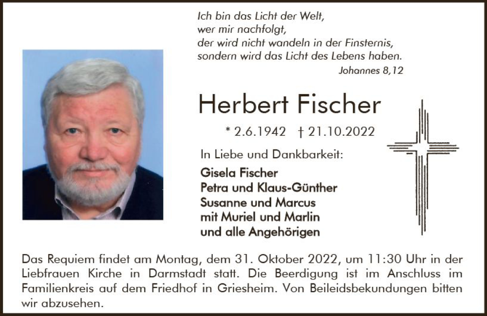  Traueranzeige für Herbert Fischer vom 29.10.2022 aus vrm-trauer Darmstädter Echo