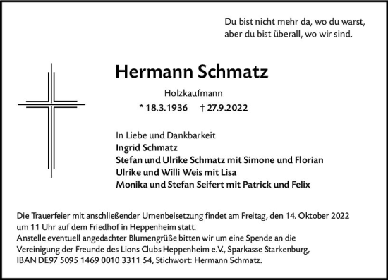 Traueranzeige von Hermann Schmatz von vrm-trauer Bürstädter/Lamperth. Ztg/Starkenburger