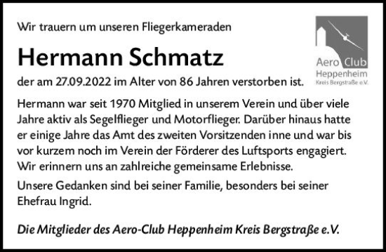 Traueranzeige von Hermann Schmatz von vrm-trauer Bürstädter/Lamperth. Ztg/Starkenburger