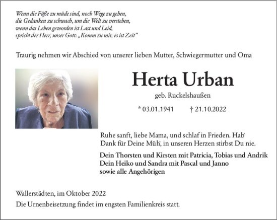 Traueranzeige von Herta Urban von vrm-trauer Groß-Gerauer Echo