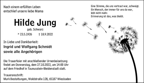 Traueranzeige von Hilde Jung von vrm-trauer Wiesbadener Kurier