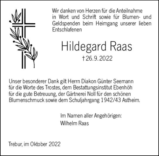 Traueranzeige von Hildegard Raas von vrm-trauer Groß-Gerauer Echo