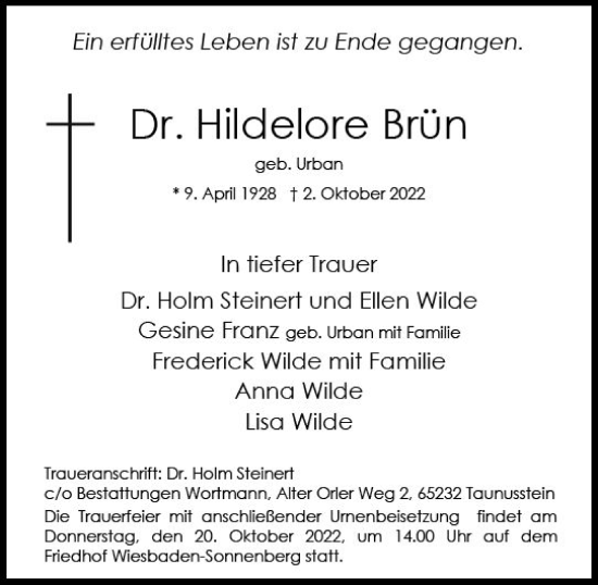 Traueranzeige von Hildelore Brün von vrm-trauer Wiesbadener Kurier