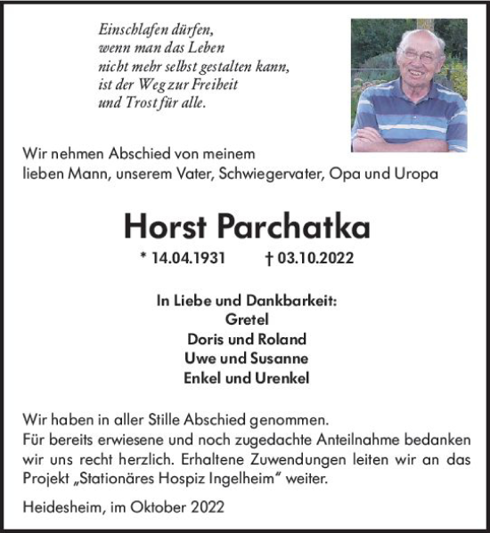 Traueranzeige von Horst Parchatka von vrm-trauer Allgemeine  Zeitung Ingelheim-Bingen