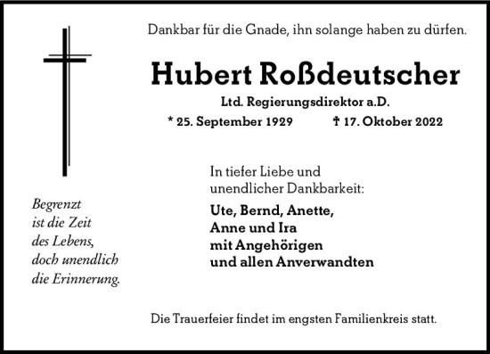 Traueranzeige von Hubert Roßdeutscher von vrm-trauer Wiesbadener Kurier