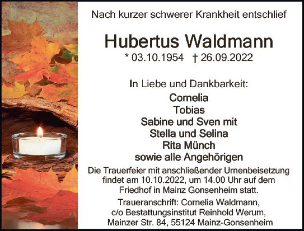  Traueranzeige für Hubertus Waldmann vom 05.10.2022 aus vrm-trauer AZ Mainz