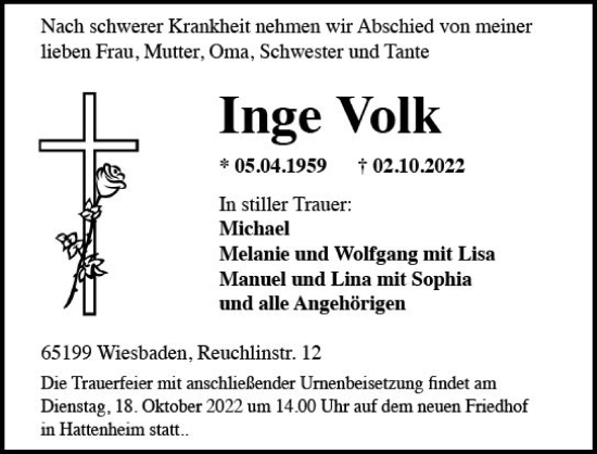 Traueranzeige von Inge Volk von vrm-trauer Wiesbadener Kurier