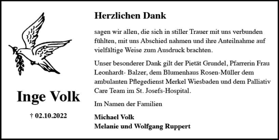Traueranzeige von Inge Volk von vrm-trauer Wiesbadener Kurier