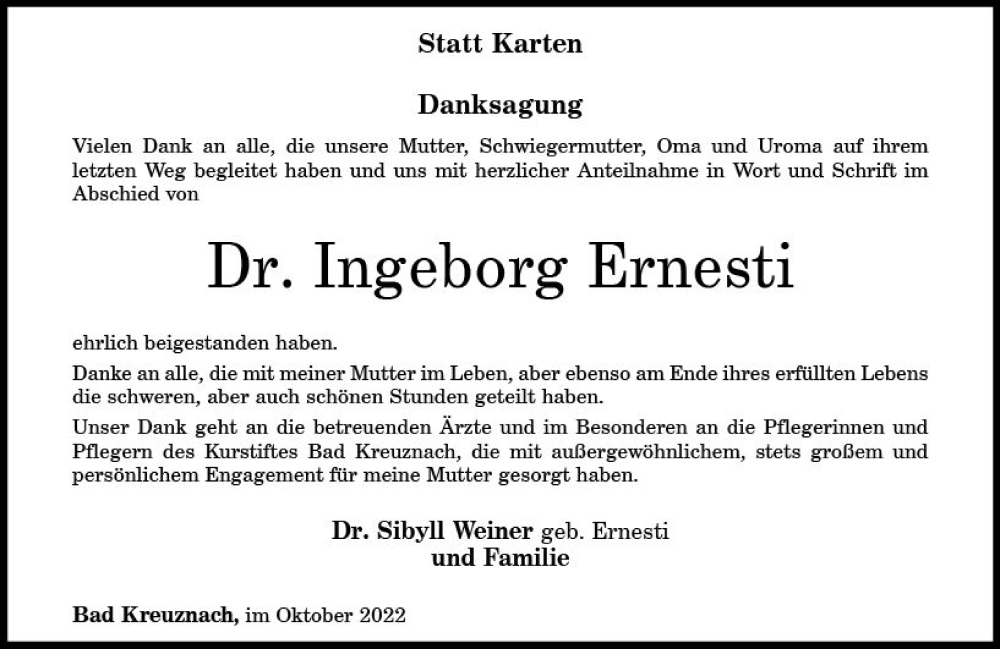  Traueranzeige für Ingeborg Ernesti vom 22.10.2022 aus vrm-trauer Allg. Zeitung Bad Kreuznach