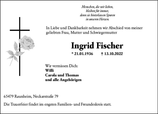 Traueranzeige von Ingrid Fischer von vrm-trauer Rüsselsheimer Echo / MainSpitze