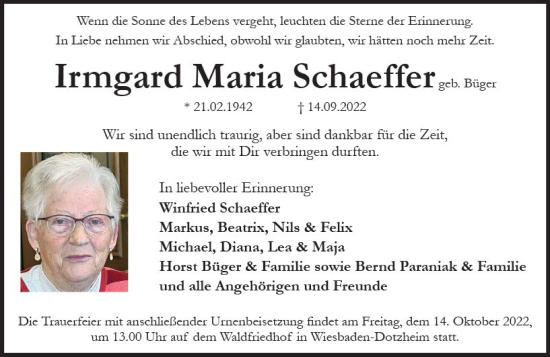 Traueranzeige von Irmgard Maria Schaeffer von vrm-trauer Wiesbadener Kurier