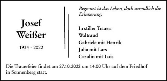 Traueranzeige von Josef Weißer von vrm-trauer Wiesbadener Kurier