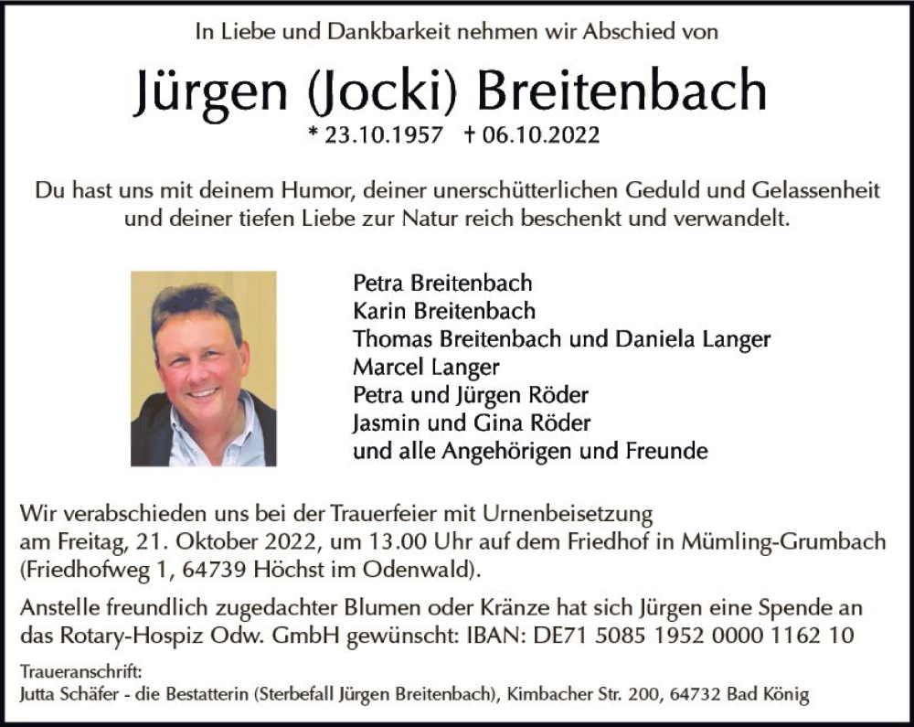  Traueranzeige für Jürgen Breitenbach vom 15.10.2022 aus vrm-trauer Odenwälder Echo