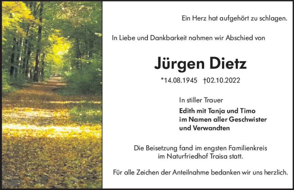  Traueranzeige für Jürgen Dietz vom 29.10.2022 aus vrm-trauer Groß-Gerauer Echo