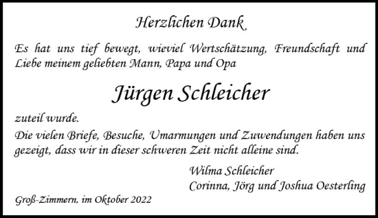 Traueranzeige von Jürgen Schleicher von vrm-trauer DieburgerAnzeiger/Groß-Zimmerner Lokala