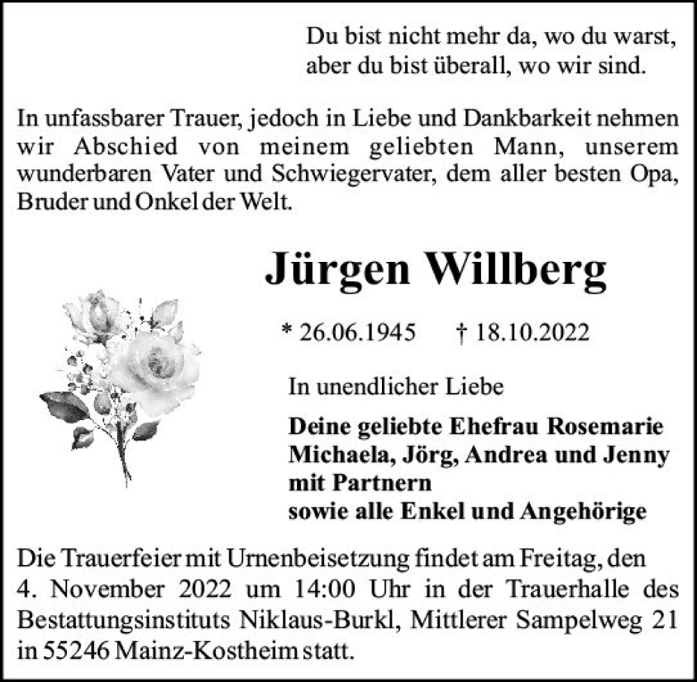  Traueranzeige für Jürgen Willberg vom 29.10.2022 aus vrm-trauer AZ Mainz