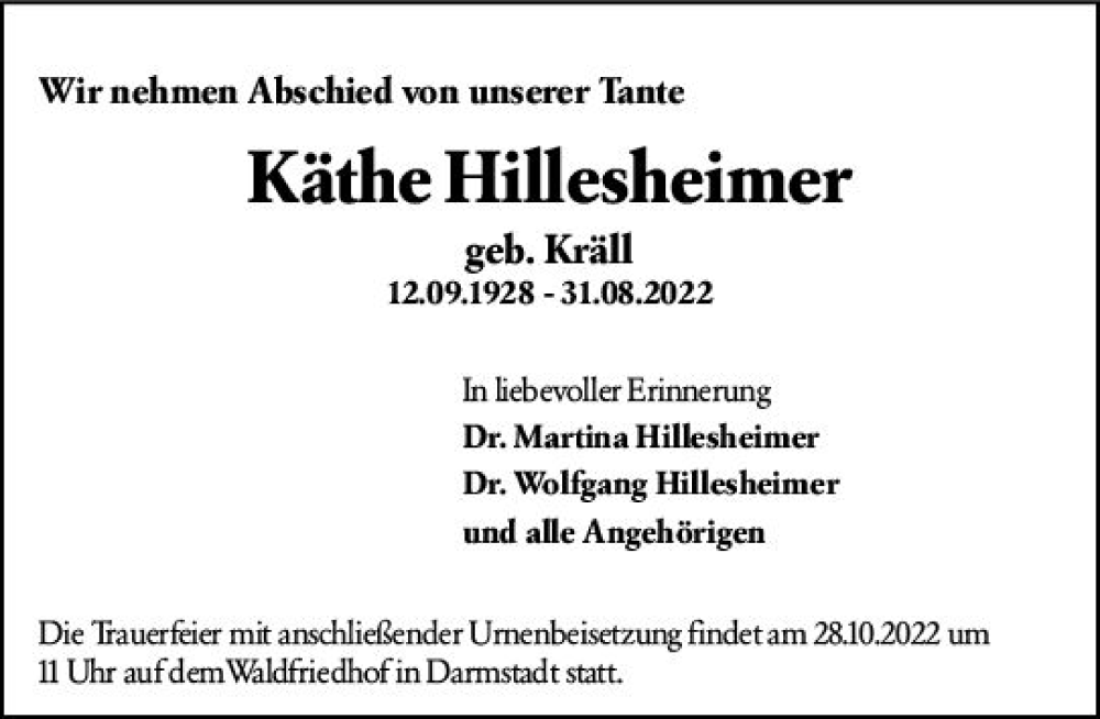  Traueranzeige für Käthe Hillesheimer vom 22.10.2022 aus vrm-trauer Darmstädter Echo