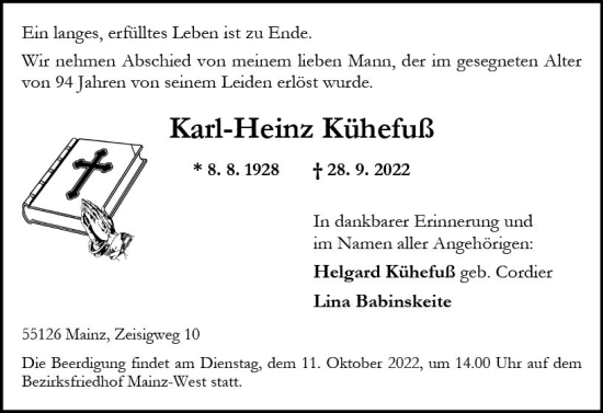 Traueranzeige von Karl-Heinz Kühefuß von vrm-trauer Allgemeine  Zeitung Ingelheim-Bingen