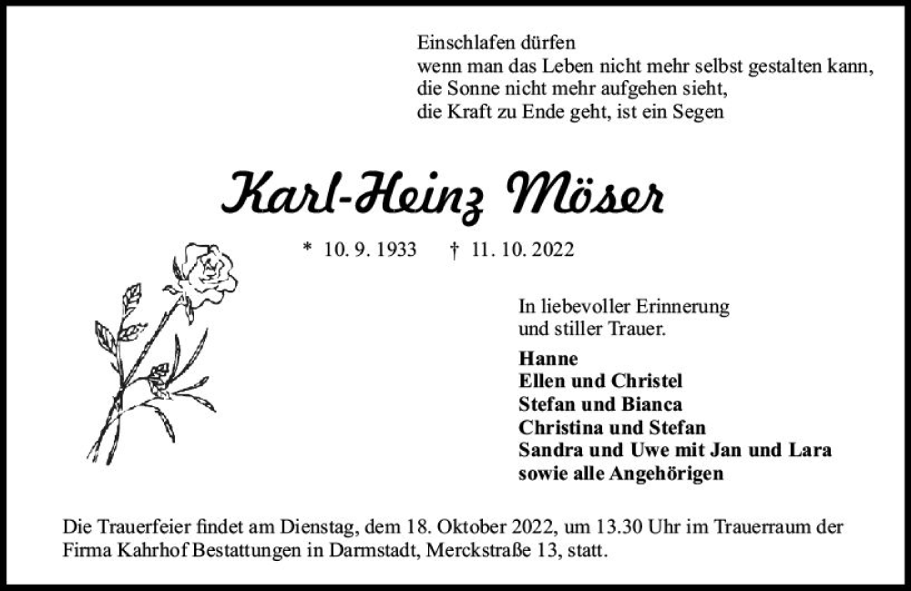 Traueranzeige für Karl-Heinz Möser vom 15.10.2022 aus vrm-trauer Darmstädter Echo