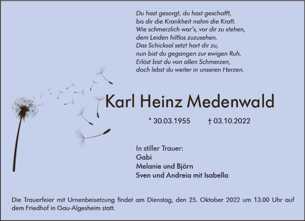  Traueranzeige für Karl Heinz Medenwald vom 22.10.2022 aus vrm-trauer Allgemeine  Zeitung Ingelheim-Bingen