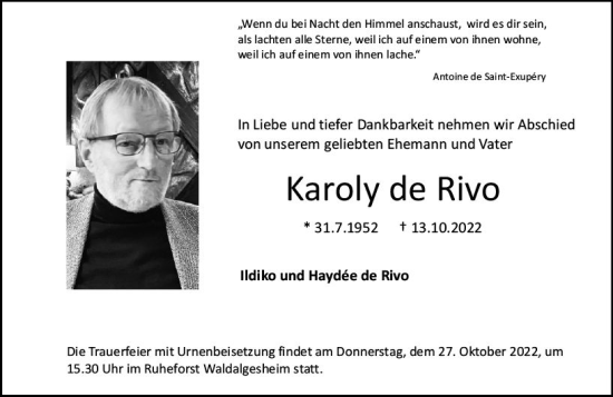 Traueranzeige von Karoly de Rivo von vrm-trauer Allgemeine  Zeitung Ingelheim-Bingen