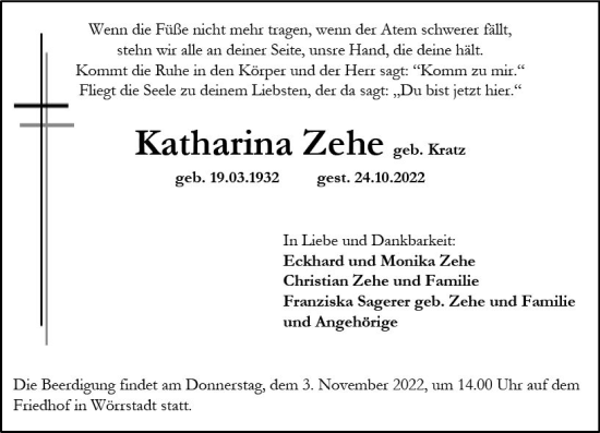 Traueranzeige von Katharina Zehe von vrm-trauer Allgemeine Zeitung Alzey
