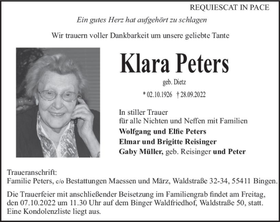 Traueranzeige von Klara Peters von vrm-trauer Allgemeine  Zeitung Ingelheim-Bingen