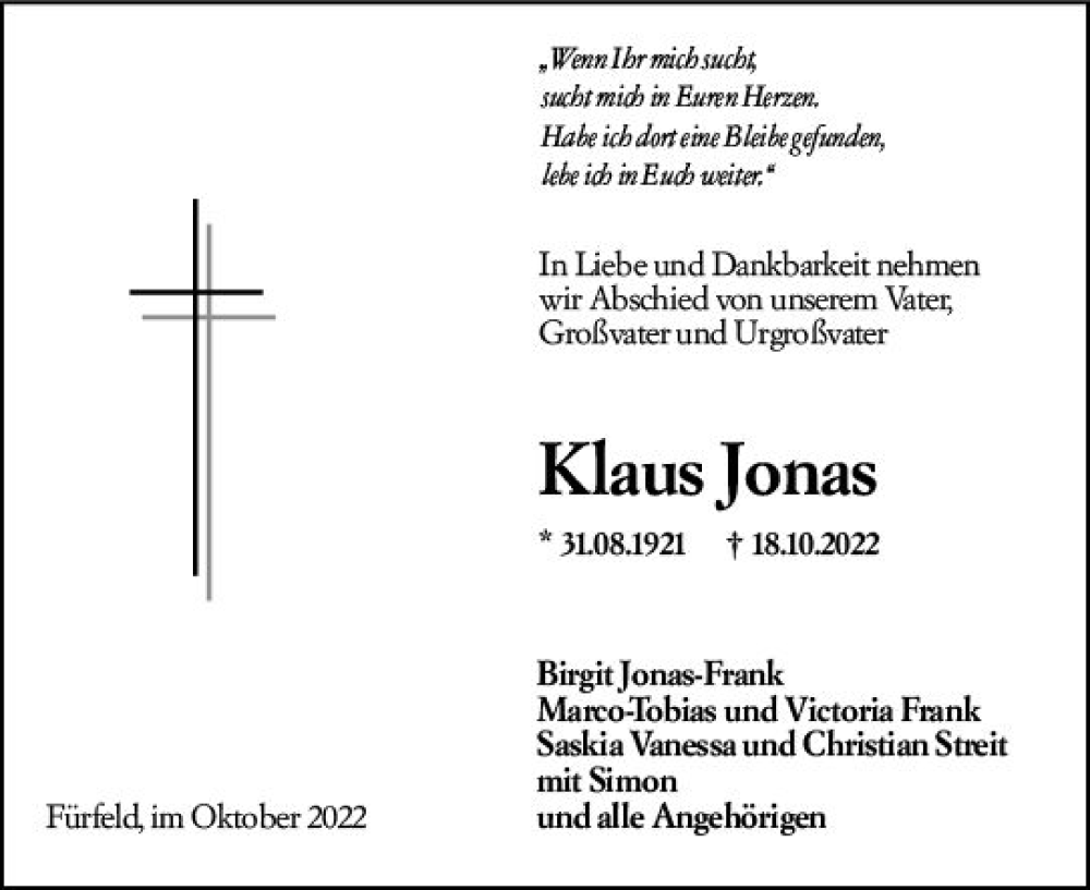  Traueranzeige für Klaus Jonas vom 22.10.2022 aus vrm-trauer AZ Mainz