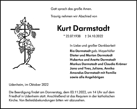 Traueranzeige von Kurt Darmstadt von vrm-trauer Allgemeine Zeitung Alzey