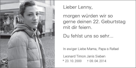 Traueranzeige von Leonard Timon Janis Sieben von vrm-trauer AZ Mainz