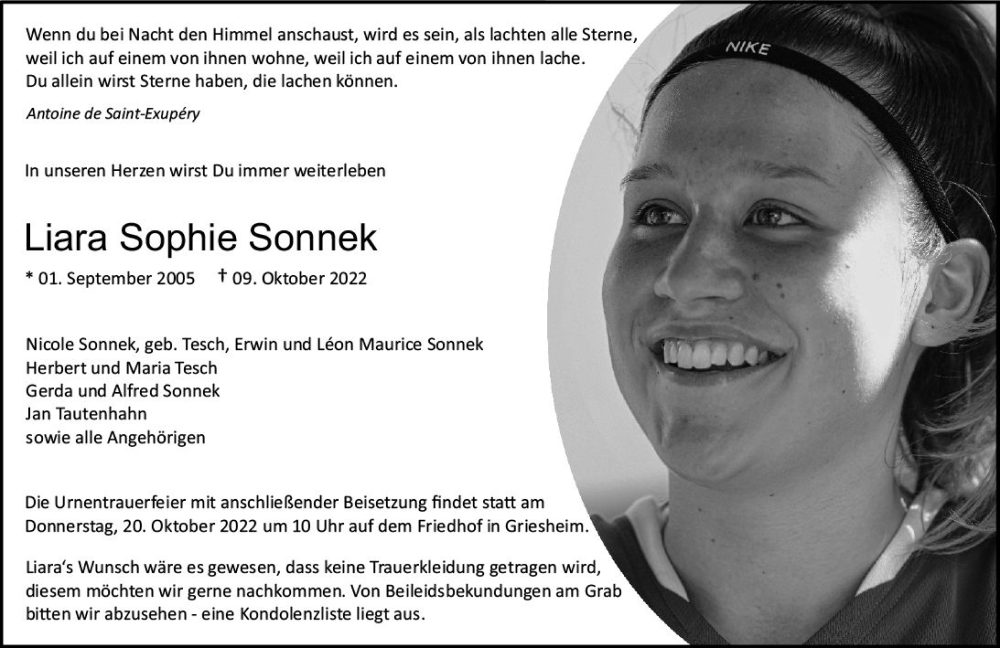  Traueranzeige für Liara Sophie Sonnek vom 15.10.2022 aus vrm-trauer Darmstädter Echo
