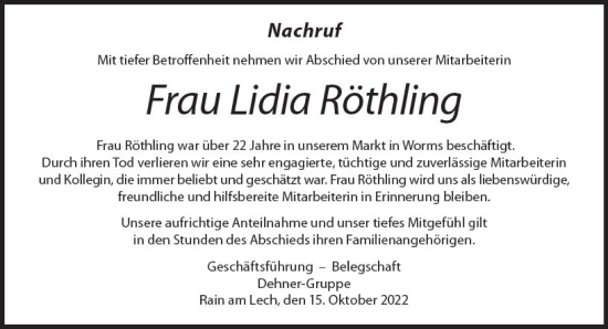 Traueranzeige von Lidia Röthling von vrm-trauer Wormser Zeitung