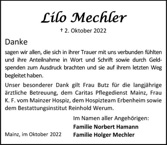 Traueranzeige von Lilo Mechler von vrm-trauer AZ Mainz