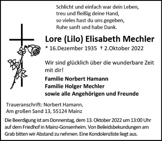 Traueranzeige von Lore Elisabeth Mechler von vrm-trauer AZ Mainz