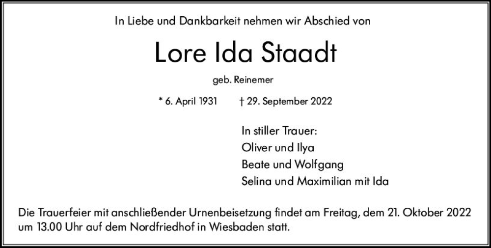  Traueranzeige für Lore Ida Staadt vom 15.10.2022 aus vrm-trauer Wiesbadener Kurier