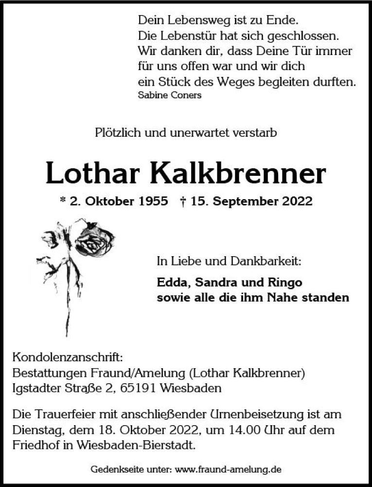  Traueranzeige für Lothar Kalkbrenner vom 08.10.2022 aus vrm-trauer Wiesbadener Kurier