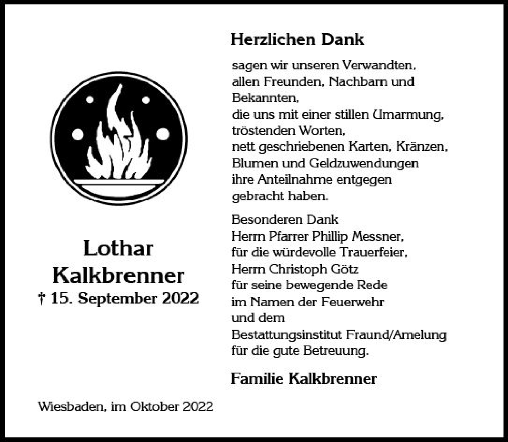  Traueranzeige für Lothar Kalkbrenner vom 29.10.2022 aus vrm-trauer Wiesbadener Kurier