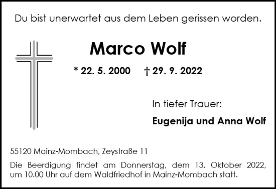 Traueranzeige von Marco Wolf von vrm-trauer AZ Mainz