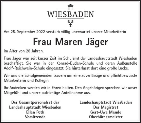 Traueranzeige von Maren Jäger von vrm-trauer Wiesbadener Kurier