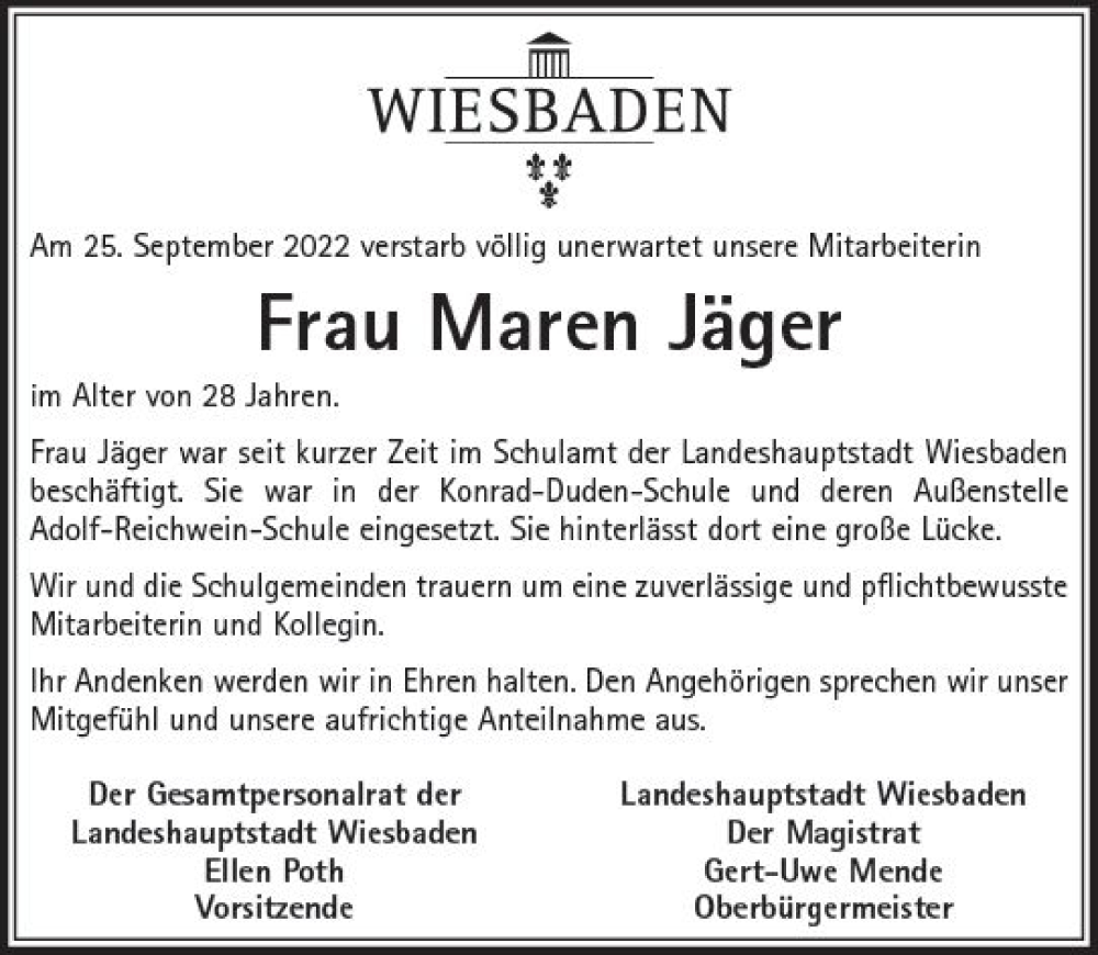  Traueranzeige für Maren Jäger vom 22.10.2022 aus vrm-trauer Wiesbadener Kurier