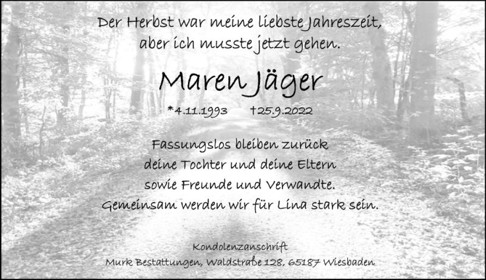  Traueranzeige für Maren Jäger vom 08.10.2022 aus vrm-trauer Wiesbadener Kurier