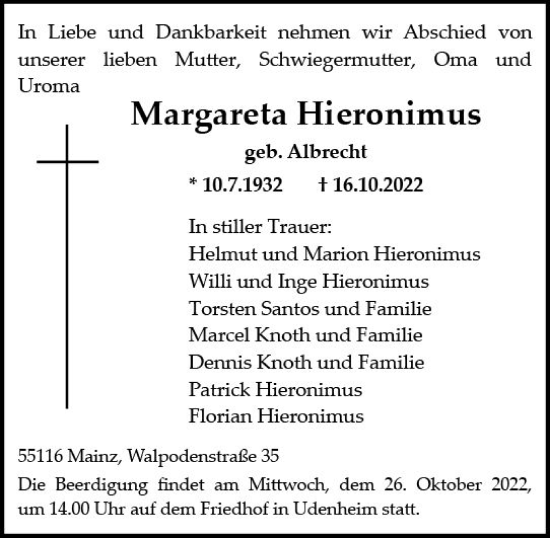 Traueranzeige von Margareta Hieronimus von vrm-trauer AZ Mainz