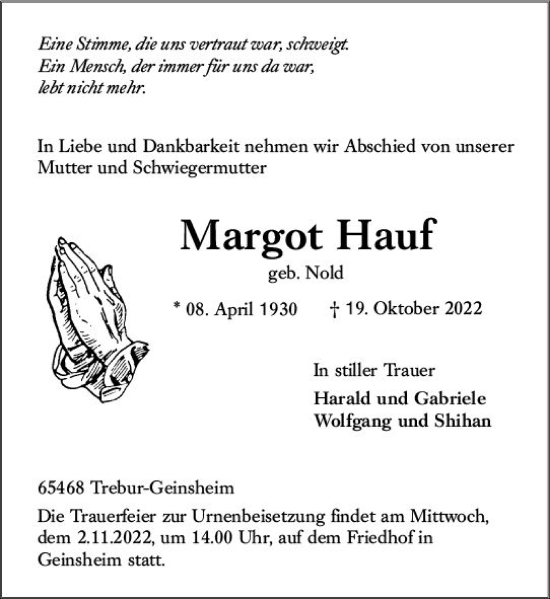 Traueranzeige von Margot Hauf von vrm-trauer Groß-Gerauer Echo