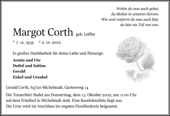 Traueranzeige von Margot Corth von vrm-trauer Odenwälder Echo