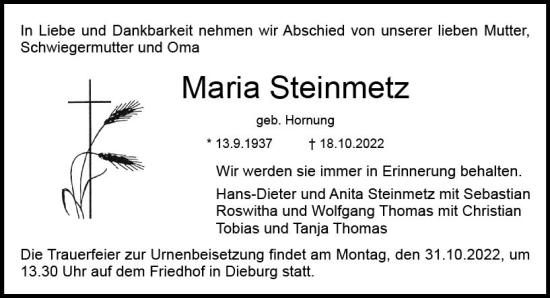 Traueranzeige von Maria Steinmetz von vrm-trauer DieburgerAnzeiger/Groß-Zimmerner Lokala