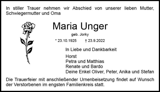 Traueranzeige von Maria Unger von vrm-trauer DieburgerAnzeiger/Groß-Zimmerner Lokala