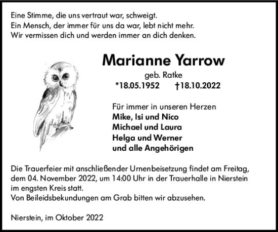 Traueranzeige von Marianne Yarrow von vrm-trauer AZ Mainz
