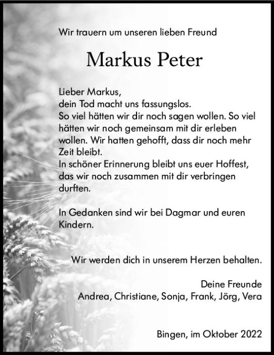 Traueranzeige von Markus Peter von vrm-trauer Allgemeine  Zeitung Ingelheim-Bingen