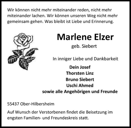 Traueranzeige von Marlene Elzer von vrm-trauer Allgemeine  Zeitung Ingelheim-Bingen