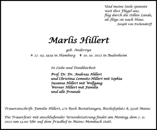 Traueranzeige von Marlis Hillert von vrm-trauer AZ Mainz
